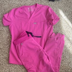 Figs Hot Pink V-Neck Scrub Top and Drawstring Pants
